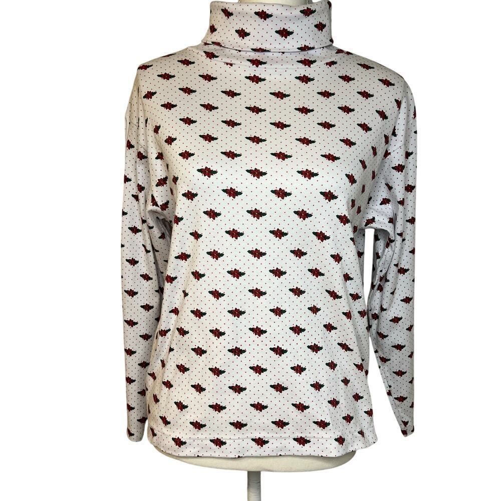 Idioms Holiday Christmas Red Poinsettias Long Sleeve Shirt Top MEDIUM Polka Dot